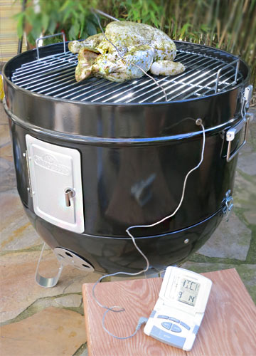 Auf Grillrost legen und in die dickste Fleischstelle Thermometersonde stecken